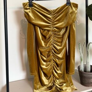 Gold Ruched Off-Shoulder Dress
